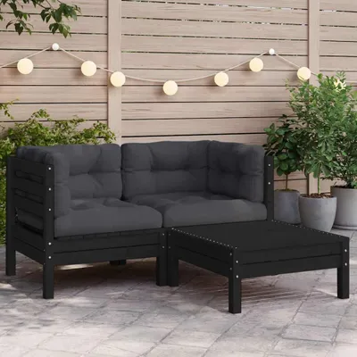 Produktbild von vidaXL 3-tlg. Garten-Lounge-Set mit Kissen Schwarz Massivholz Kiefer