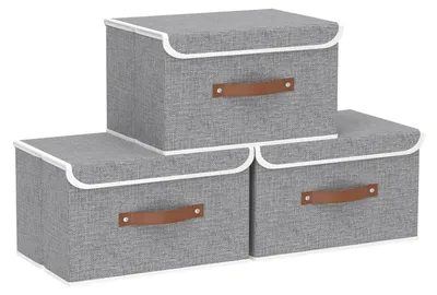 Image de 3 bacs de rangement avec couvercle, bacs pliables en tissu, lavables, pour la chambre à coucher, rangement des vêtements, 33 x 23 x 20 cm, gris