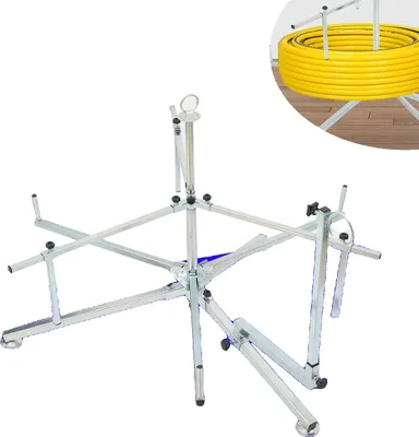 Imagen del producto de Desenrollador ajustable para tuberías de suelo radiante, con capacidad de carga de 100 kg, construcción metálica duradera y diseño estable de tres patas