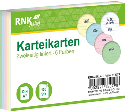Obrázek produktu pro RNK Verlag 115079 Kartotéční lístky - DIN A7, linkované, různé barvy, 100 karet