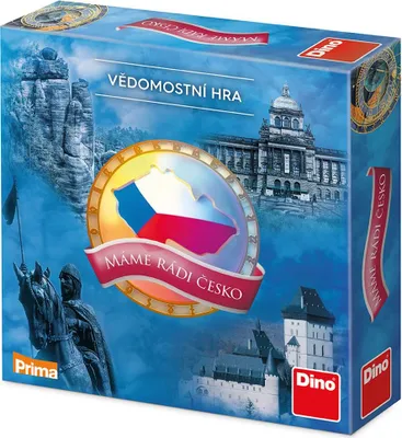 The image shows the packaging of a board game with various Czech landmarks and symbols.