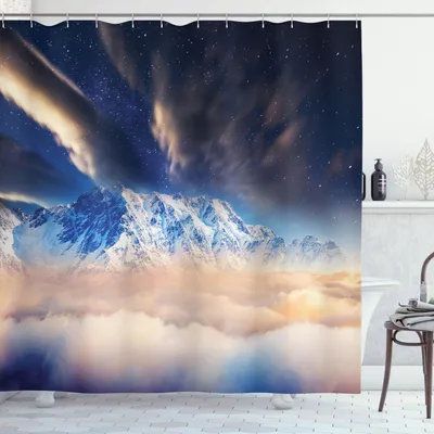 Image de ABAKUHAUS Rideau de douche, Voie lactée au-dessus des sommets enneigés, haut dans les nuages, 175 x 240 cm, bleu et blanc