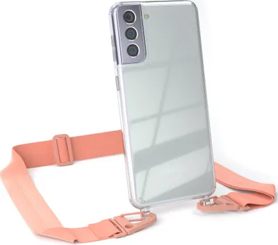 Produktbild von EAZY CASE - Hülle mit Band für Samsung Galaxy S21 Plus 5G, Handyhülle mit Umhängeband, Silikonhülle transparent, Handykette in Orange
