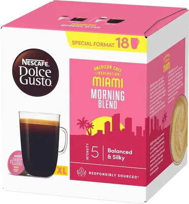A box of Nescafé Dolce Gusto Miami Morning Blend coffee capsules.