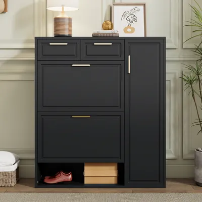 Immagine prodotto di okwish Scarpiera con ripiani regolabili, cassettiera con maniglie dorate, scarpiera con cassetti e anta a ribalta, nero