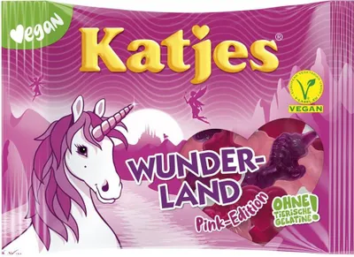 A package of Katjes Wunderland Pink Edition vegan gummy candies, featuring a unicorn and fairy illustrations.