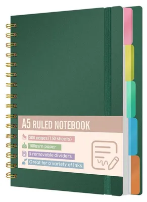 Immagine prodotto di Quaderno A5 a righe con 5 sezioni, 300 pagine, carta da 100 g/m², colore verde scuro