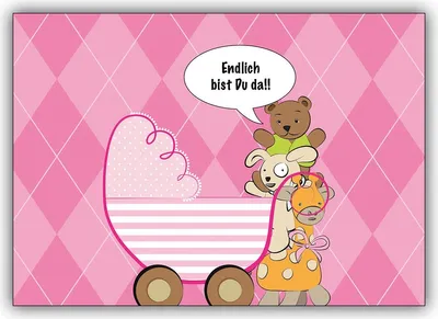 Produktbild von Rosa Babykarte zur Geburt eines Mädchen mit Kinderwagen: Endlich bist Du da