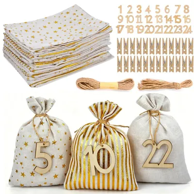 Adventskalender-Set: 24 Stoffbeutel + Holznummern + Clips + Kordel