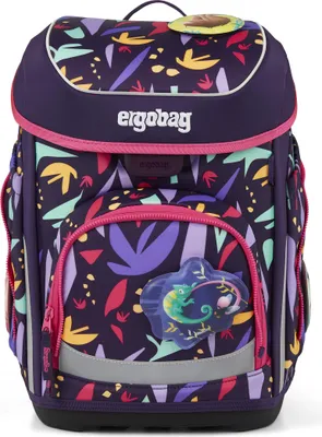 A purple backpack with a colorful abstract pattern and a chameleon patch.