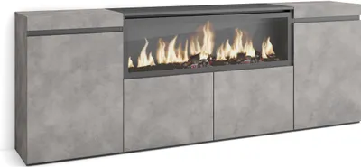 A modern sideboard with a built-in electric fireplace.