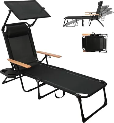 Produktbild von Sonnenliege Klappbar mit Dach, Gartenliege Klappbar Liegestuhl Verstellbarer Rückenlehne, mit Holzarmlehnen, Campingliege Faltbar, für Balkon, Terrasse, Camping, Strandliege Leicht (Schwarz)