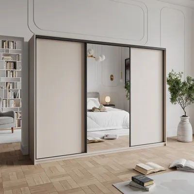 Produktbild von Masseno Schiebetürenschrank TAVI 270/205/60 cm Kleiderschrank mit Schubladen Schlafzimmer Schrank 3-türig mit Spiegel Kaschmir + Schwarz