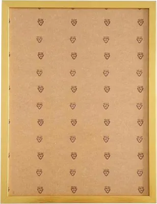 The back of a gold picture frame with a brown backing board covered in a repeating pattern of recycling symbols.
