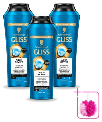 Immagine prodotto di 3 flaconi di shampoo Gliss Aqua Revive, per capelli idratati, da 250 ml ciascuno, confezione