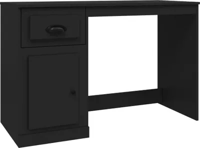 A black desk with a drawer and a cabinet.