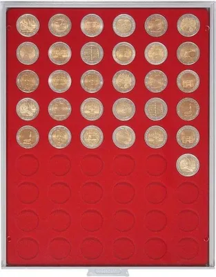 Zdjęcie produktu dla Pudełko na monety STANDARD z 54 okrągłymi przegródkami na monety - Lindner 2154 - Ø 25-75 mm - 2 monety EURO