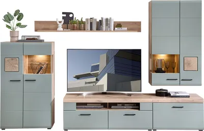 Produktbild von Wohnwand FARO-36-REED Modern in Eiche mit Schilfgrün 4-teilig inkl. Beleuchtung