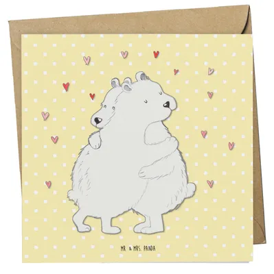 Produktbild von Mr. & Mrs. Panda Deluxe Karte Eisbär Umarmen - Gelb Pastell - Geschenk, Lustige Sprüche, doppelkarte, Grußkarte, anlasskarte, Glückwunschkarte, faltkarte, Klappkarte