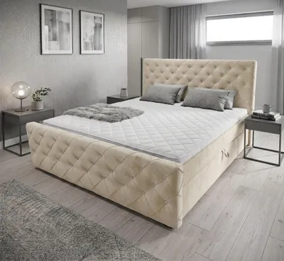 Produktbild von Boxspringbett mit kristallen CARMEN II 160x200 cm Amor Velvet 04 Cream Bett mit zwei Bettkästen und H3 Matratze, Komplett-Set mit Matratze und Topper