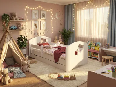 Produktbild von Happy Babies Kinderbett – mit Matratze, Schublade und Sicherheitsgitter, 80 x 160 cm, Mädchen- und Jugendbett, Jungenbett, mit Herzausschnitt