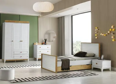 Produktbild von Garnitur Kinderbett Kindermöbel Kinderzimmer Bett Holz Set Schlafzimmer 4tlg