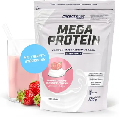 Produktbild von Energybody Mega Protein "Erdbeere-Joghurt", Proteinpulver mit Whey und Casein, Eiweißpulver, 500 g Beutel
