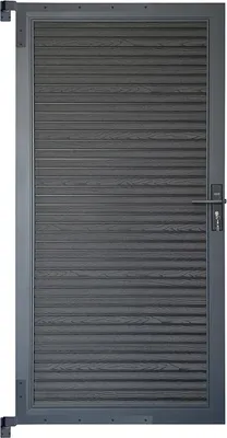 A dark gray garden gate with horizontal slats.