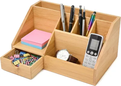 Image de Organisateur de bureau en bambou, dimensions 24,5 x 15 x 11 cm, bois brun, pour bureau