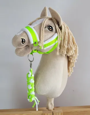 Immagine prodotto di Set per cavallo giocattolo: Testiera A3 con pelo bianco + guinzaglio in corda - Verde neon/Bianco