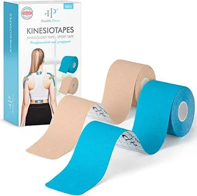 Produktbild von Health Press Kinesiologie-Tape 2 Rollen Hautfreundlich (5cm x 5m) in blau und beige