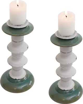 Produktbild von 2er-Set Kerzenständer MCW-N36, Kerzenhalter Kerzensäule, Shabby-Look Vintage Metall Keramik Höhe 25cm