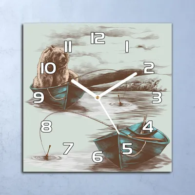 Produktbild von Deko Glasuhr Wanduhr 30x30 Fischen Bär im Boot Quarz Küchenuhr Bürouhr