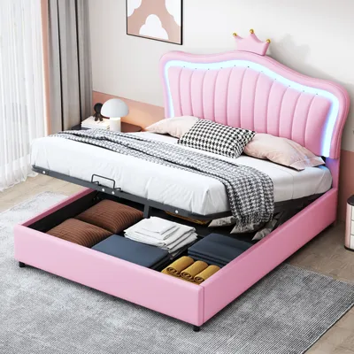 Immagine prodotto di Letto imbottito Fortuna Lai 140x200cm con rete a doghe, letto per bambini con testata a forma di , letto giovanile matrimoniale con led, letto contenitore idraulico, Similcuoio, rosa