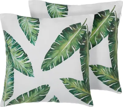 Zdjęcie produktu dla BELIANI Zestaw 2 poduszek zielone z nadrukiem liście palmy białe tło 45 x 45 cm z wypełnieniem ozdobna akcesoria salon sypialnia