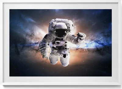 Produktbild von Astronaut im Weltraum– Wandbild mit Rahmen – Gerahmtes Bild  – Wanddekoration – 100x70 cm –  Weiß Rahmen