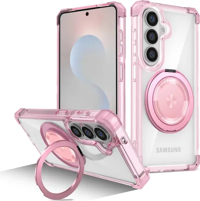 Obrázek produktu pro Pouzdro pro Samsung Galaxy S26 magnetický držák prstenu, stojánek, kompatibilní s MagSafe, vojenská ochrana, průhledné pouzdro Růžový