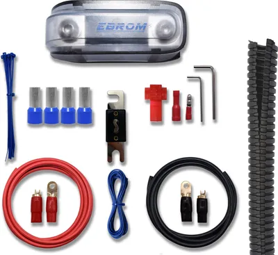 Produktbild von EBROM 50 mm2 Batteriekabel Vollkupfer Car Hifi Kabel Set, 5 m Pluskabel + 2 m Massekabel, Ringkabelschuhe + Gabelschuhe + 1 m Leerrohr + Sicherungshalter mit 150A ANL Sicherung - 50mm2 50 mm² Kabelset