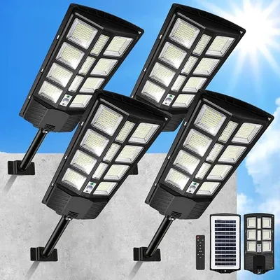 Zdjęcie produktu dla Oświetlenie solarne LED, 400W, lampy solarne do użytku zewnętrznego, oświetlenie uliczne zasilane energią słoneczną, 6500K, lampa ścienna z czujnikiem ruchu, oświetlenie zewnętrzne, lampa uliczna, zestaw 4 sztuki