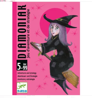 A cartoon witch flying on a broomstick against a pink background with starbursts. The game title and age range are visible on the left side.