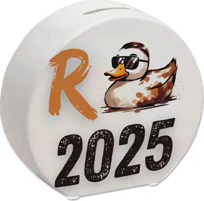 Produktbild von Ente mit Sonnenbrille Spardose mit Spruch Rente 2025