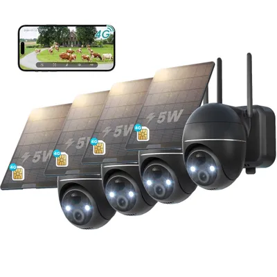 Image de 4 pièces 4G LTE caméra de surveillance extérieur batterie avec carte SIM 2K sans fil solaire PTZ caméra IP en plein air sans WLAN couleur vision nocturne PIR de détection