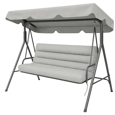 A gray garden swing with a canopy and cushions, shown against a white background.