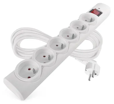 Productafbeelding van EMOS overspanningsbeveiliging met LED-indicator, 6-voudig, 5 meter kabel, stopcontacten gedraaid om 45°, schakelaar, 2300W / 10A, voor binnen gebruik, wit, P54017