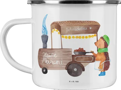 Produktbild von Mr. & Mrs. Panda becher emaille Igel Maronen - Weiß - Geschenk, Weihnachtsmarkt, Pott, Teetasse, Weihnachten, Duft, Kastanien, Tasse, Emailletasse