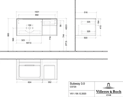 Produktbild von Villeroy & Boch Subway 3.0 Waschbeckenunterschrank, 2 Auszüge, Waschbecken links, Regalelement unten rechts, 1001x422,5x516mm, C57201VF