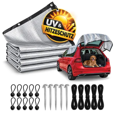 Produktbild von WALSER Schattennetz Auto 3x4 m, Alu Sonnenschutz Auto (bis zu 20° C kühler) für Hund mit UV-Schutz & Ösen - Hitzeschutz PKW Sonnenschutznetz Camping, Sonnensegel Garten reflektierend, faltbar + Tasche