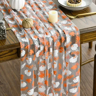 Zdjęcie produktu dla Bieżnik na stół z motywem dekoracyjnym: jesienne dynie i liście, kolor pomarańczowy, 70 x 300 cm