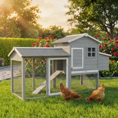 Produktbild von MyAnimal Hühnerstall MH-21 | Bis zu 3 Hühner - Hühnerhaus - Sitzstange - Eiablage - Freilaufgehege - Wasserabweisendes Dach - Kleintierstall (Grau)