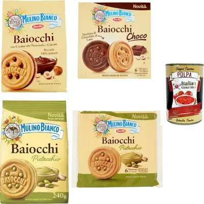 Produktbild von Testpaket Baiocchi Haselnuss und Kakao choco Pistazie 4 Stück + Italian gourmet polpa 400g